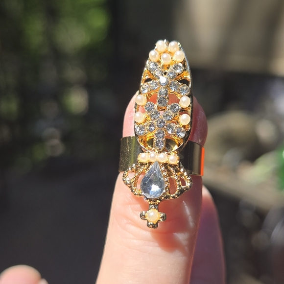 Gold Dainty Nail Ring with Sparkling Stones & Pearls - Picture 5 of 6